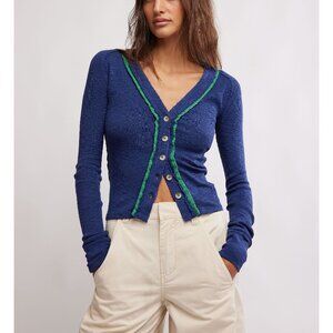 Free People Blue Button Down Shirt with Green Trim
